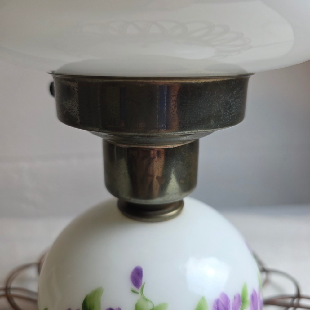 Vintage Petite Hand Painted Purple Violet Milk Glass Hurricane Lamp Brass Base - Picture 4 of 15
